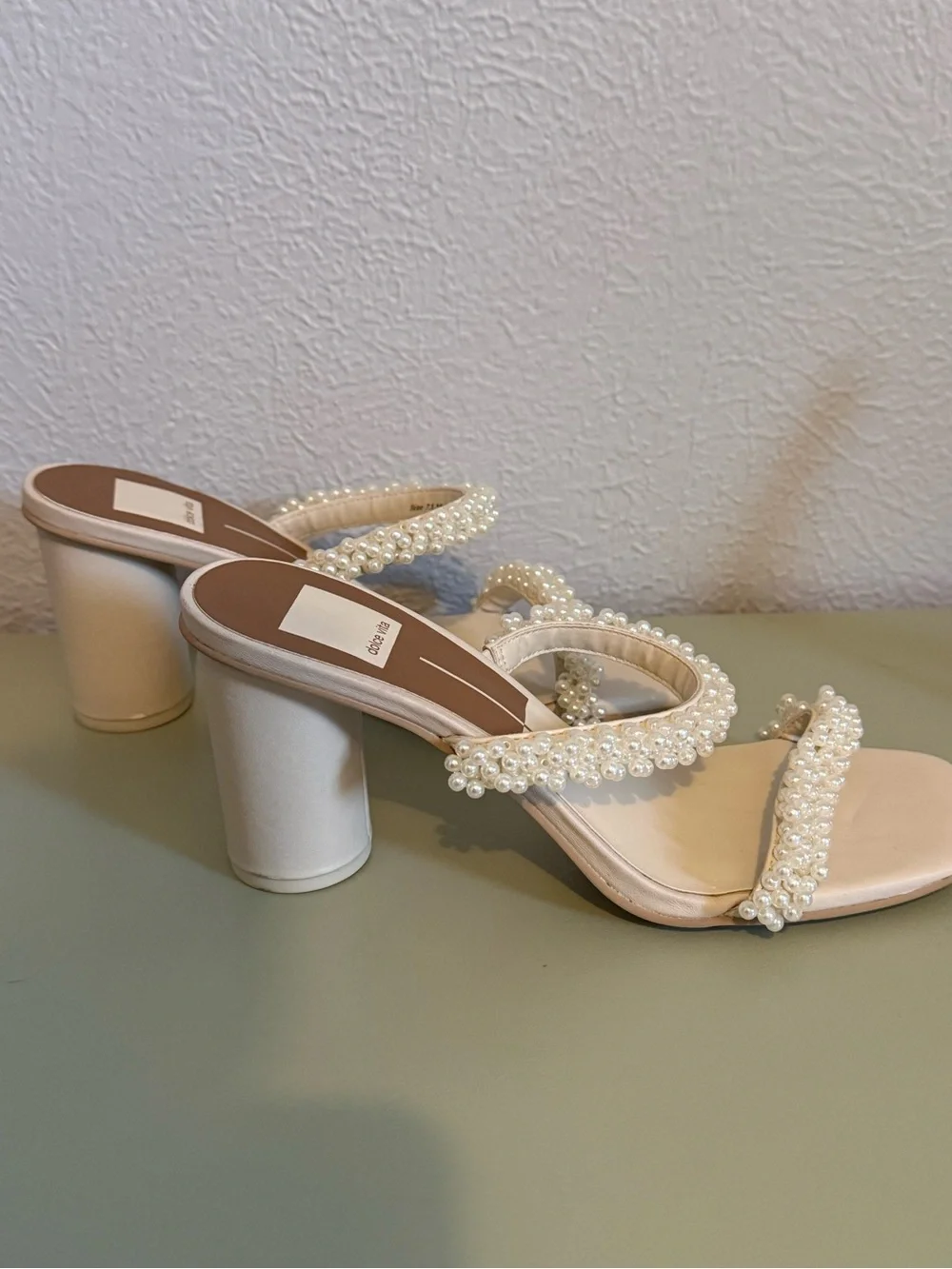 Dolce Vita Ivory Pearl-Embellished Block Heel Sandals